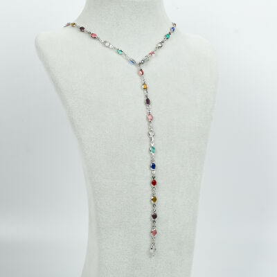 Y KOLYE, KARIŞIK RENK TAŞLI OVAL MODEL ZİNCİR, PİRİNÇ MALZEME, RODYUM KAPLAMA - 2