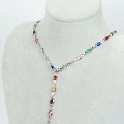 Y KOLYE, KARIŞIK RENK TAŞLI OVAL MODEL ZİNCİR, PİRİNÇ MALZEME, RODYUM KAPLAMA - ERTÜRK