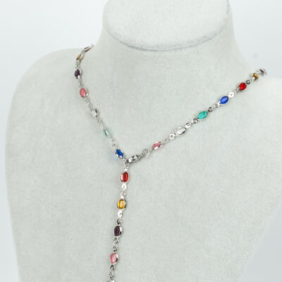 Y KOLYE, KARIŞIK RENK TAŞLI OVAL MODEL ZİNCİR, PİRİNÇ MALZEME, RODYUM KAPLAMA - 1