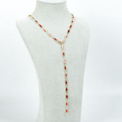 Y KOLYE, KIRMIZI TAŞLI DİKDÖRTGEN MODEL ZİNCİR, PİRİNÇ MALZEME, ALTIN KAPLAMA - 2