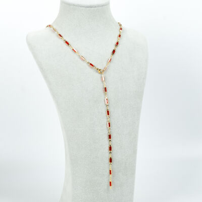 Y KOLYE, KIRMIZI TAŞLI DİKDÖRTGEN MODEL ZİNCİR, PİRİNÇ MALZEME, ALTIN KAPLAMA - 2