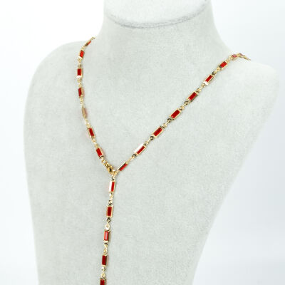 Y KOLYE, KIRMIZI TAŞLI DİKDÖRTGEN MODEL ZİNCİR, PİRİNÇ MALZEME, ALTIN KAPLAMA - 1