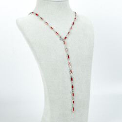 Y KOLYE, KIRMIZI TAŞLI DİKDÖRTGEN MODEL ZİNCİR, PİRİNÇ MALZEME, RODYUM KAPLAMA - 2