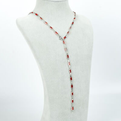 Y KOLYE, KIRMIZI TAŞLI DİKDÖRTGEN MODEL ZİNCİR, PİRİNÇ MALZEME, RODYUM KAPLAMA - 2