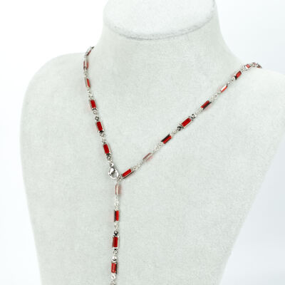 Y KOLYE, KIRMIZI TAŞLI DİKDÖRTGEN MODEL ZİNCİR, PİRİNÇ MALZEME, RODYUM KAPLAMA - 1