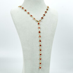 Y KOLYE, KIRMIZI TAŞLI KALP MODEL ZİNCİR, PİRİNÇ MALZEME, ALTIN KAPLAMA - 2