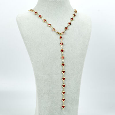 Y KOLYE, KIRMIZI TAŞLI KALP MODEL ZİNCİR, PİRİNÇ MALZEME, ALTIN KAPLAMA - 2
