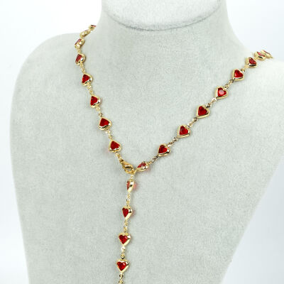 Y KOLYE, KIRMIZI TAŞLI KALP MODEL ZİNCİR, PİRİNÇ MALZEME, ALTIN KAPLAMA - 1