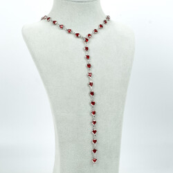 Y KOLYE, KIRMIZI TAŞLI KALP MODEL ZİNCİR, PİRİNÇ MALZEME, RODYUM KAPLAMA - 2