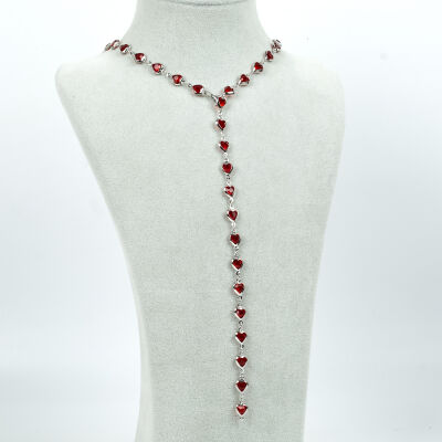 Y KOLYE, KIRMIZI TAŞLI KALP MODEL ZİNCİR, PİRİNÇ MALZEME, RODYUM KAPLAMA - 2