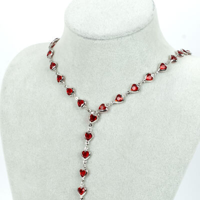 Y KOLYE, KIRMIZI TAŞLI KALP MODEL ZİNCİR, PİRİNÇ MALZEME, RODYUM KAPLAMA - 1