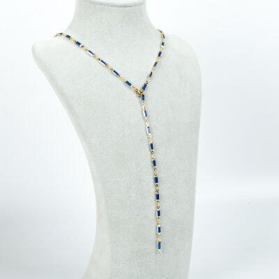 Y KOLYE, MAVİ TAŞLI DİKDÖRTGEN MODEL ZİNCİR, PİRİNÇ MALZEME, ALTIN KAPLAMA - 2