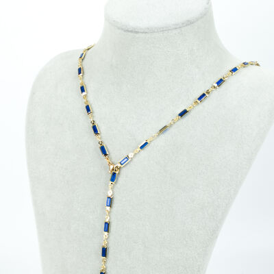 Y KOLYE, MAVİ TAŞLI DİKDÖRTGEN MODEL ZİNCİR, PİRİNÇ MALZEME, ALTIN KAPLAMA - 1
