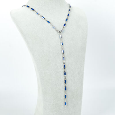 Y KOLYE, MAVİ TAŞLI DİKDÖRTGEN MODEL ZİNCİR, PİRİNÇ MALZEME, RODYUM KAPLAMA - 2