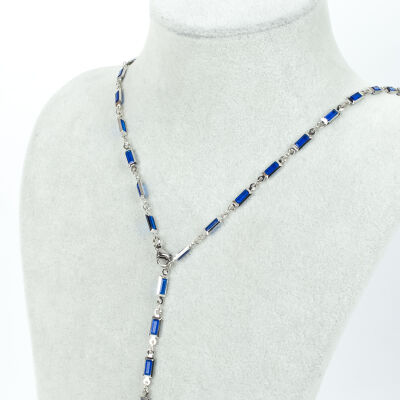 Y KOLYE, MAVİ TAŞLI DİKDÖRTGEN MODEL ZİNCİR, PİRİNÇ MALZEME, RODYUM KAPLAMA - 1