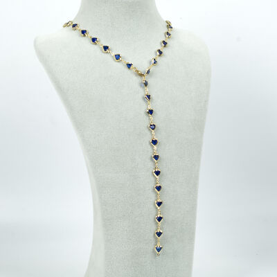 Y KOLYE, MAVİ TAŞLI KALP MODEL ZİNCİR, PİRİNÇ MALZEME, ALTIN KAPLAMA - 2