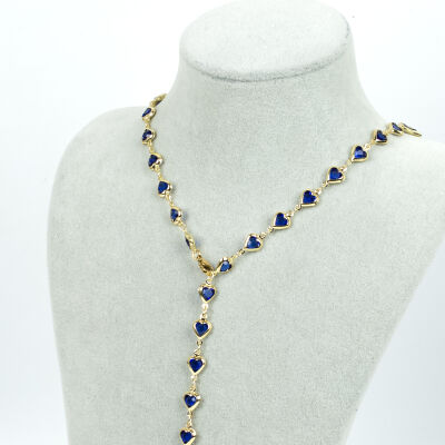 Y KOLYE, MAVİ TAŞLI KALP MODEL ZİNCİR, PİRİNÇ MALZEME, ALTIN KAPLAMA - 1