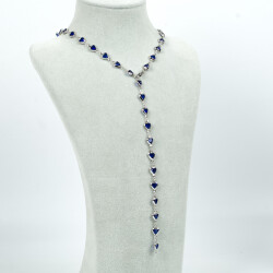 Y KOLYE, MAVİ TAŞLI KALP MODEL ZİNCİR, PİRİNÇ MALZEME, RODYUM KAPLAMA - 2