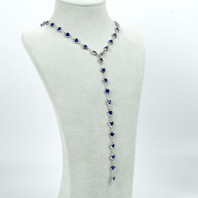 Y KOLYE, MAVİ TAŞLI KALP MODEL ZİNCİR, PİRİNÇ MALZEME, RODYUM KAPLAMA - 2