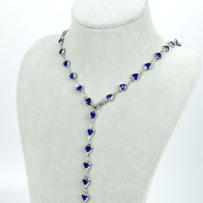 Y KOLYE, MAVİ TAŞLI KALP MODEL ZİNCİR, PİRİNÇ MALZEME, RODYUM KAPLAMA - 1