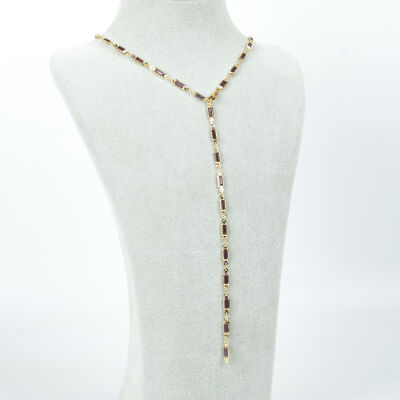 Y KOLYE, MOR TAŞLI DİKDÖRTGEN MODEL ZİNCİR, PİRİNÇ MALZEME, ALTIN KAPLAMA - 2