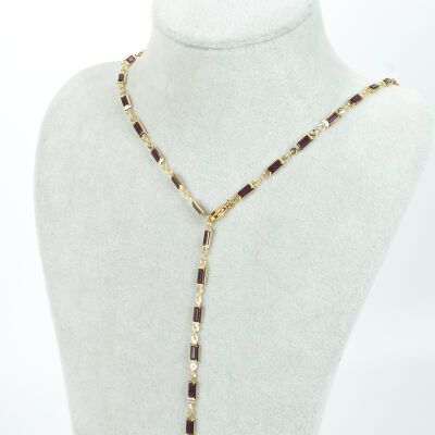 Y KOLYE, MOR TAŞLI DİKDÖRTGEN MODEL ZİNCİR, PİRİNÇ MALZEME, ALTIN KAPLAMA - 1