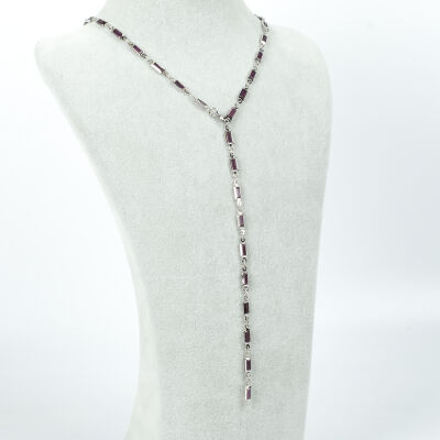 Y KOLYE, MOR TAŞLI DİKDÖRTGEN MODEL ZİNCİR, PİRİNÇ MALZEME, RODYUM KAPLAMA - 2