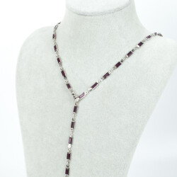 Y KOLYE, MOR TAŞLI DİKDÖRTGEN MODEL ZİNCİR, PİRİNÇ MALZEME, RODYUM KAPLAMA - ERTÜRK