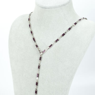 Y KOLYE, MOR TAŞLI DİKDÖRTGEN MODEL ZİNCİR, PİRİNÇ MALZEME, RODYUM KAPLAMA - 1