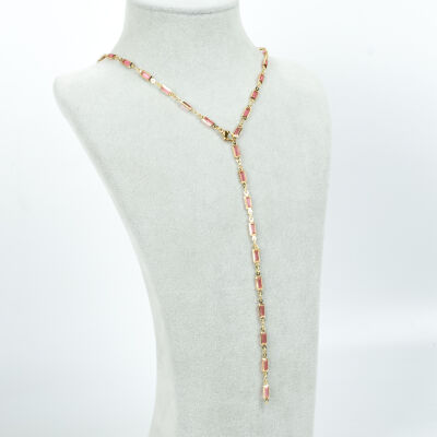 Y KOLYE, PEMBE TAŞLI DİKDÖRTGEN MODEL ZİNCİR, PİRİNÇ MALZEME, ALTIN KAPLAMA - 2