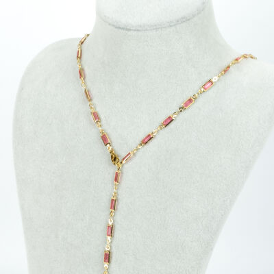 Y KOLYE, PEMBE TAŞLI DİKDÖRTGEN MODEL ZİNCİR, PİRİNÇ MALZEME, ALTIN KAPLAMA - 1