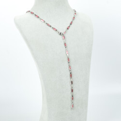 Y KOLYE, PEMBE TAŞLI DİKDÖRTGEN MODEL ZİNCİR, PİRİNÇ MALZEME, RODYUM KAPLAMA - 2