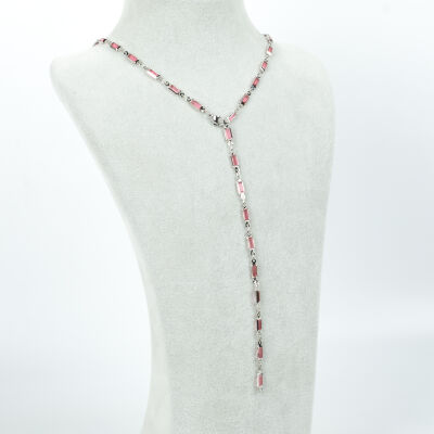 Y KOLYE, PEMBE TAŞLI DİKDÖRTGEN MODEL ZİNCİR, PİRİNÇ MALZEME, RODYUM KAPLAMA - 2