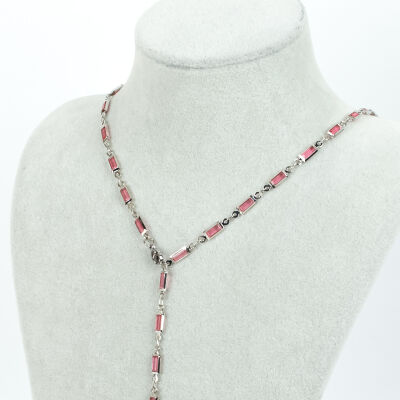 Y KOLYE, PEMBE TAŞLI DİKDÖRTGEN MODEL ZİNCİR, PİRİNÇ MALZEME, RODYUM KAPLAMA - 1