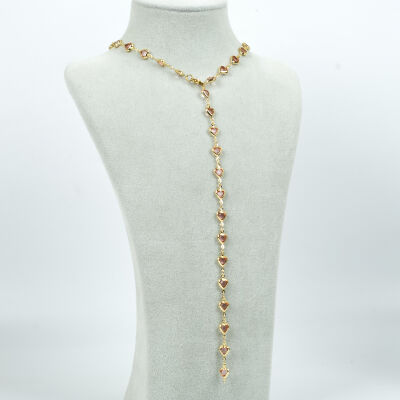 Y KOLYE, PEMBE TAŞLI KALP MODEL ZİNCİR, PİRİNÇ MALZEME, ALTIN KAPLAMA - 2