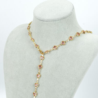 Y KOLYE, PEMBE TAŞLI KALP MODEL ZİNCİR, PİRİNÇ MALZEME, ALTIN KAPLAMA - 1