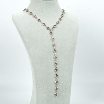 Y KOLYE, PEMBE TAŞLI KALP MODEL ZİNCİR, PİRİNÇ MALZEME, RODYUM KAPLAMA - 2