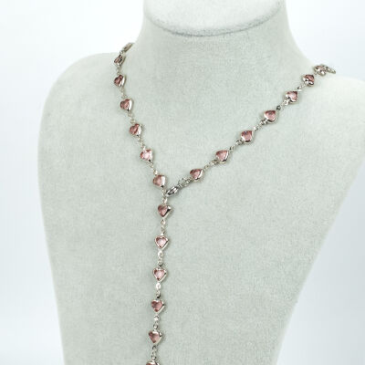 Y KOLYE, PEMBE TAŞLI KALP MODEL ZİNCİR, PİRİNÇ MALZEME, RODYUM KAPLAMA - 1