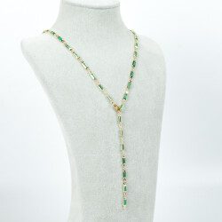 Y KOLYE, TURKUAZ TAŞLI DİKDÖRTGEN MODEL ZİNCİR, PİRİNÇ MALZEME, ALTIN KAPLAMA - 2