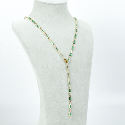 Y KOLYE, TURKUAZ TAŞLI DİKDÖRTGEN MODEL ZİNCİR, PİRİNÇ MALZEME, ALTIN KAPLAMA - 2