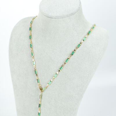 Y KOLYE, TURKUAZ TAŞLI DİKDÖRTGEN MODEL ZİNCİR, PİRİNÇ MALZEME, ALTIN KAPLAMA - 1