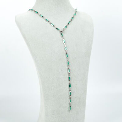 Y KOLYE, TURKUAZ TAŞLI DİKDÖRTGEN MODEL ZİNCİR, PİRİNÇ MALZEME, RODYUM KAPLAMA - 2