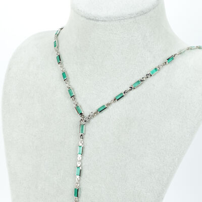 Y KOLYE, TURKUAZ TAŞLI DİKDÖRTGEN MODEL ZİNCİR, PİRİNÇ MALZEME, RODYUM KAPLAMA - 1