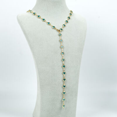 Y KOLYE, TURKUAZ TAŞLI KALP MODEL ZİNCİR, PİRİNÇ MALZEME, ALTIN KAPLAMA - 2