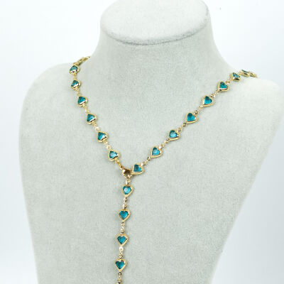 Y KOLYE, TURKUAZ TAŞLI KALP MODEL ZİNCİR, PİRİNÇ MALZEME, ALTIN KAPLAMA - 1