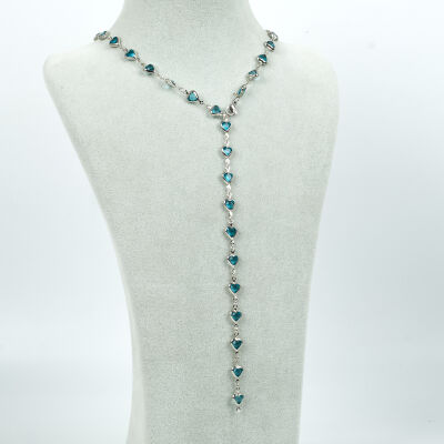 Y KOLYE, TURKUAZ TAŞLI KALP MODEL ZİNCİR, PİRİNÇ MALZEME, RODYUM KAPLAMA - 2