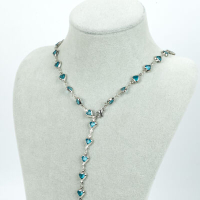 Y KOLYE, TURKUAZ TAŞLI KALP MODEL ZİNCİR, PİRİNÇ MALZEME, RODYUM KAPLAMA - 1